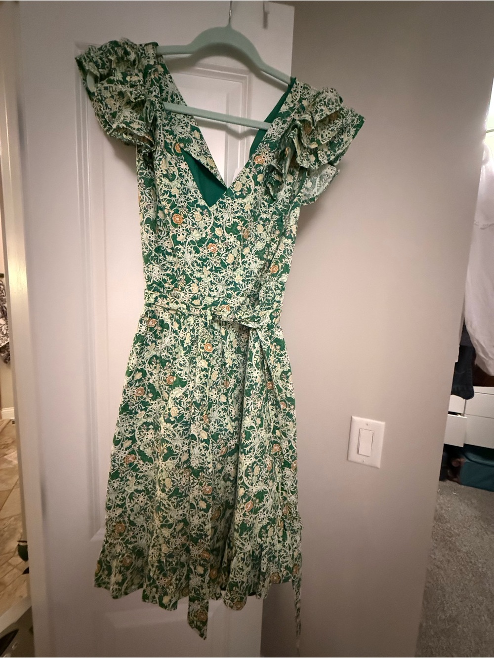 Sugarlips Green Floral Dress with Ruffle Shoulders 🌺
